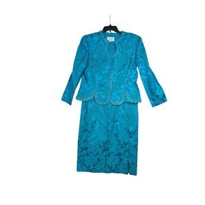 Vintage Nah Nah Collection Teal Brocade Jacket & Skirt Set With Lace Trim Size 1